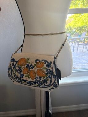 Mary Frances Beaded Lemon Motif Crossbody Bag in Cream, Yellow & Blue